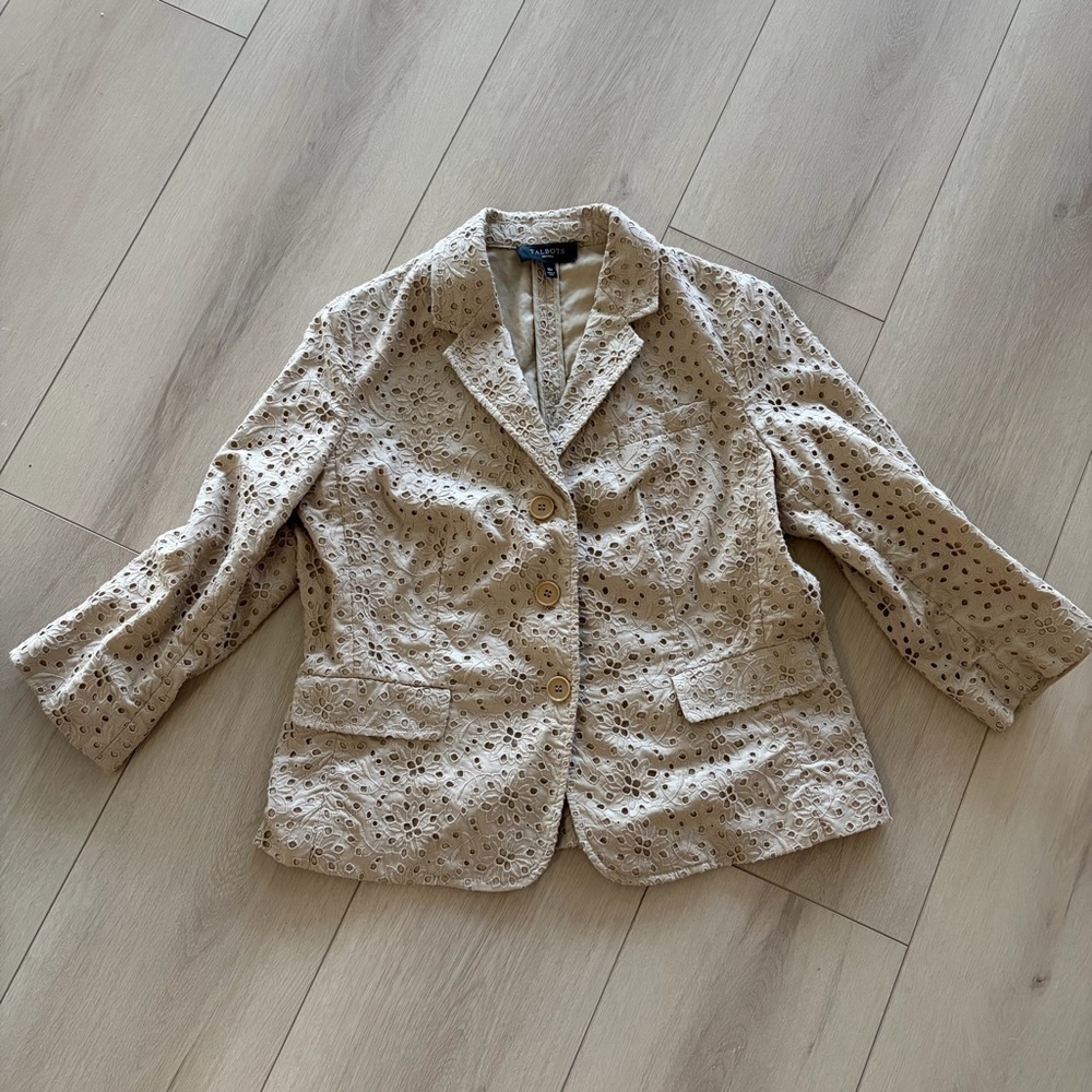 $149 Talbots The Grace Fit Eyelet Lace 3/4 Sleeve Cotton Blazer Tan 16 Petite